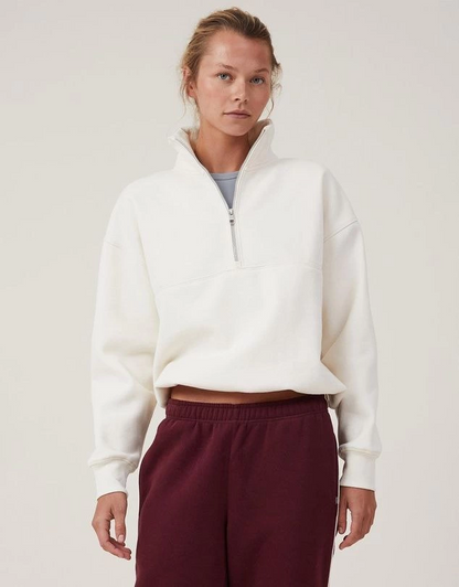Oversize Half-Zipper Collared Basic Sweatshirt - White