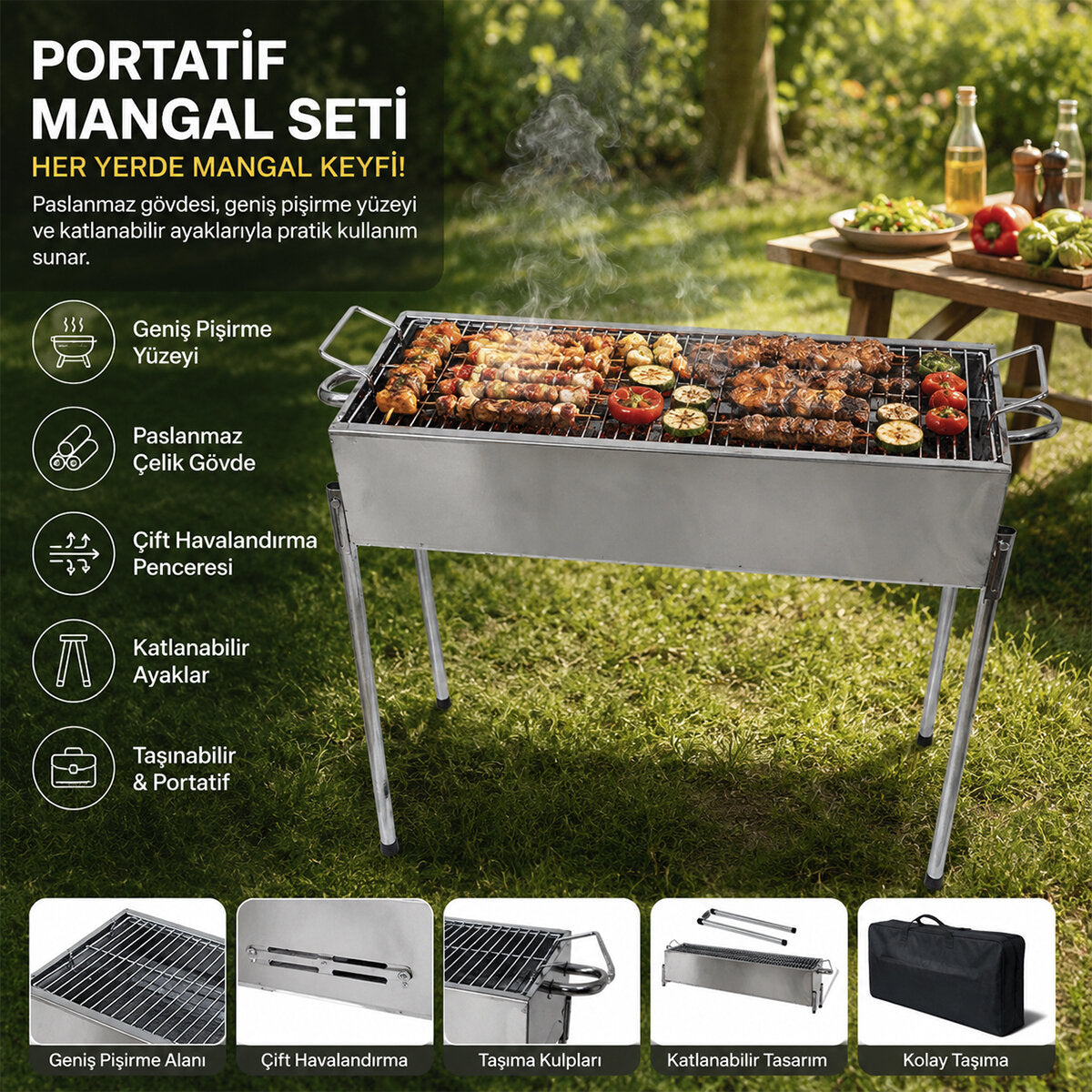 PASLANMAZ MANGAL PORTATİF AYAKLI - STANDLI 70CM (5347)