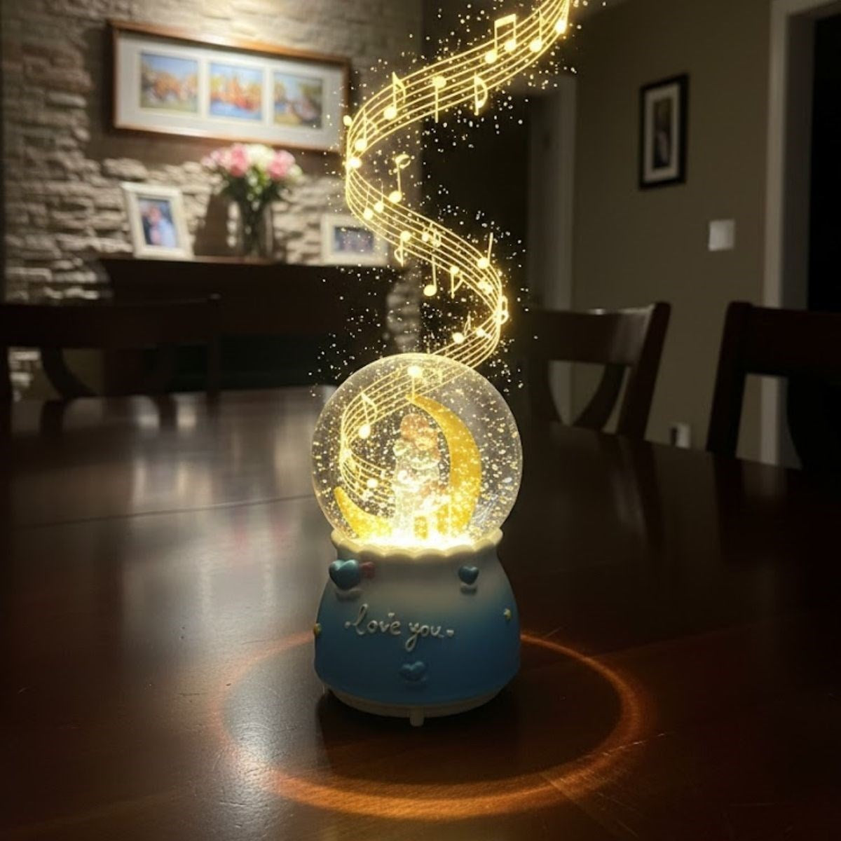 Battery-Operated Light-Up Musical Snow Globe - Crescent Moon Figurine Romantic Desktop Ornament, LED-Illuminated Decorative Gift Snow Globe (5347)