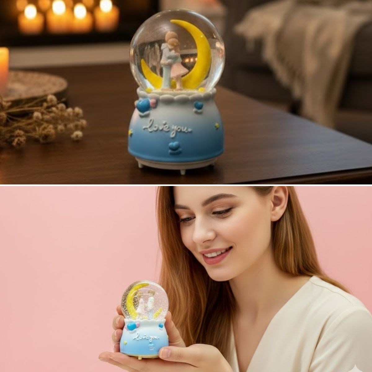 Battery-Operated Light-Up Musical Snow Globe - Crescent Moon Figurine Romantic Desktop Ornament, LED-Illuminated Decorative Gift Snow Globe (5347)