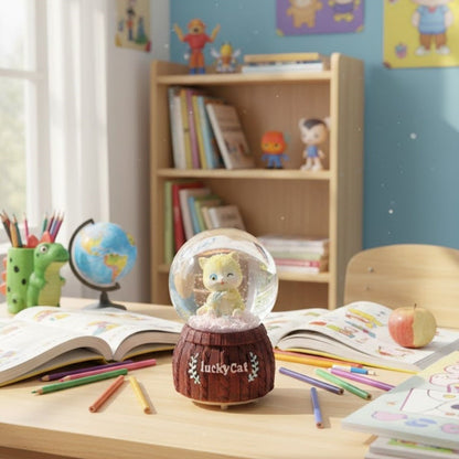 Battery-Operated Light-Up Musical Snow Globe - Lucky Cat Figurine Fun Desktop Ornament, LED Illuminated Decorative Gift Snow Globe (5347)