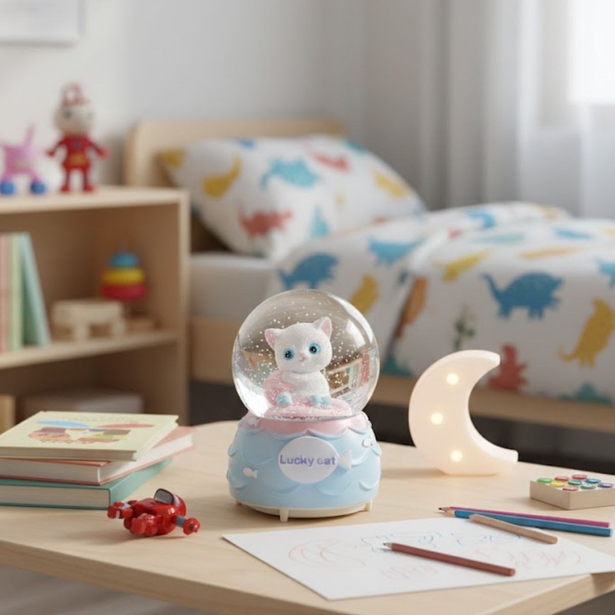 Pilli Işıklı Müzikli Kar Küresi-Şanslı Toplu Kedi Figürlü Eğlenceli Masaüstü Biblo, LED Aydınlatmalı Dekoratif Hediyelik Kar Küresi (5347)