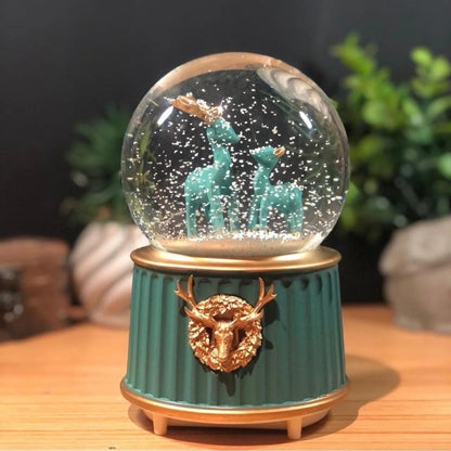 Battery-Operated Light-Up Musical Snow Globe - Two-Deer Green Figurine Fun Desktop Ornament, LED Illuminated Decorative Gift Snow Globe (5347)