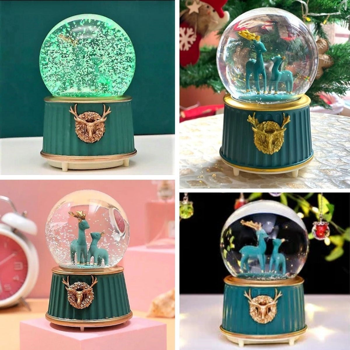 Battery-Operated Light-Up Musical Snow Globe - Two-Deer Green Figurine Fun Desktop Ornament, LED Illuminated Decorative Gift Snow Globe (5347)