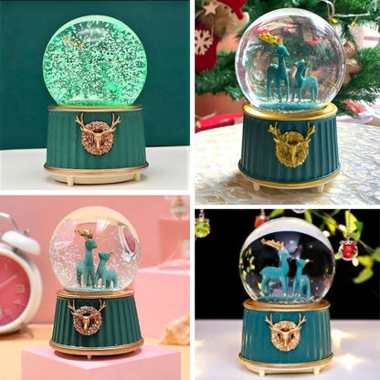Battery-Operated Light-Up Musical Snow Globe - Two-Deer Green Figurine Fun Desktop Ornament, LED Illuminated Decorative Gift Snow Globe (5347)