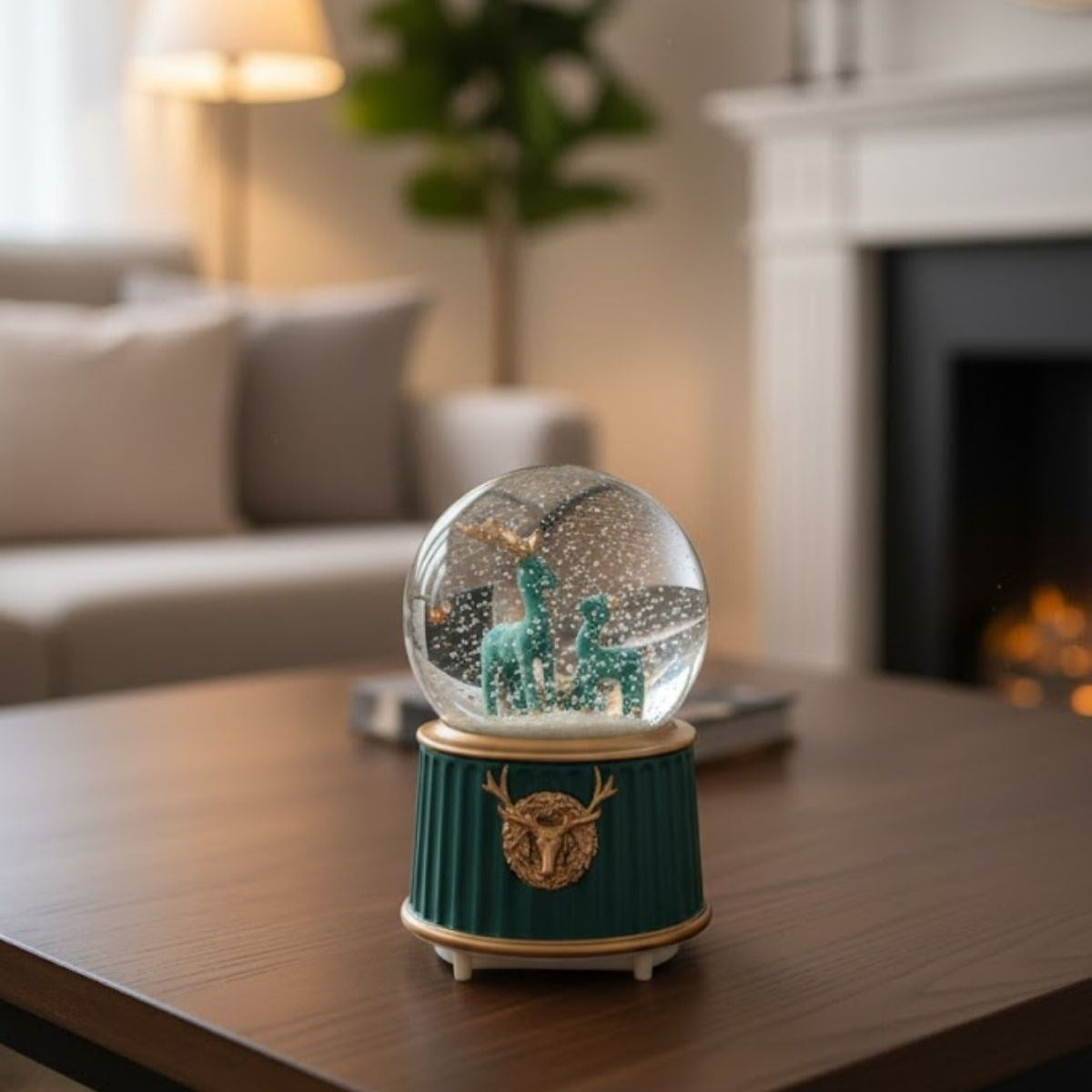 Battery-Operated Light-Up Musical Snow Globe - Two-Deer Green Figurine Fun Desktop Ornament, LED Illuminated Decorative Gift Snow Globe (5347)
