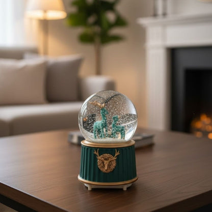 Battery-Operated Light-Up Musical Snow Globe - Two-Deer Green Figurine Fun Desktop Ornament, LED Illuminated Decorative Gift Snow Globe (5347)