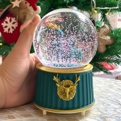 Battery-Operated Light-Up Musical Snow Globe - Two-Deer Green Figurine Fun Desktop Ornament, LED Illuminated Decorative Gift Snow Globe (5347)