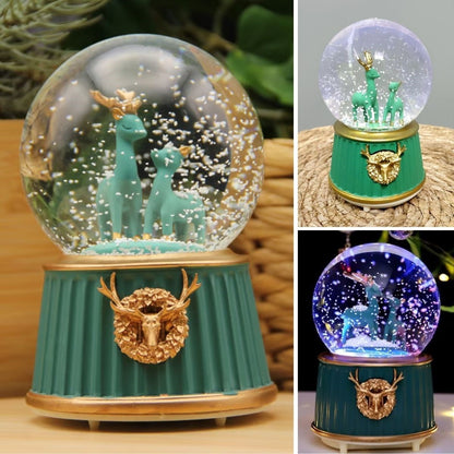 Battery-Operated Light-Up Musical Snow Globe - Two-Deer Green Figurine Fun Desktop Ornament, LED Illuminated Decorative Gift Snow Globe (5347)