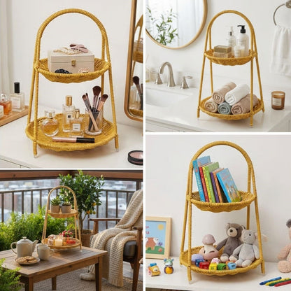Plastik Rattan İki Katlı Sunumluk-Dekoratif Organizer, Mutfak Meyve,Sebze Sepeti, Banyo Düzenleyici Raf,Masaüstü Çok Amaçlı Sunum Standı (5347)