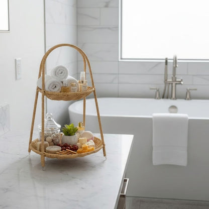 Plastik Rattan İki Katlı Sunumluk-Dekoratif Organizer, Mutfak Meyve,Sebze Sepeti, Banyo Düzenleyici Raf,Masaüstü Çok Amaçlı Sunum Standı (5347)