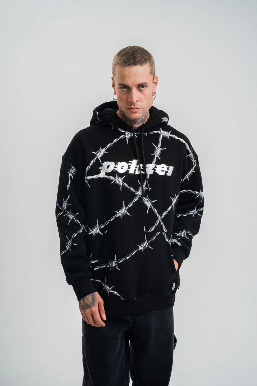 Unisex Kapşonlu Varak ve Pano Baskılı SweatShirt- Siyah