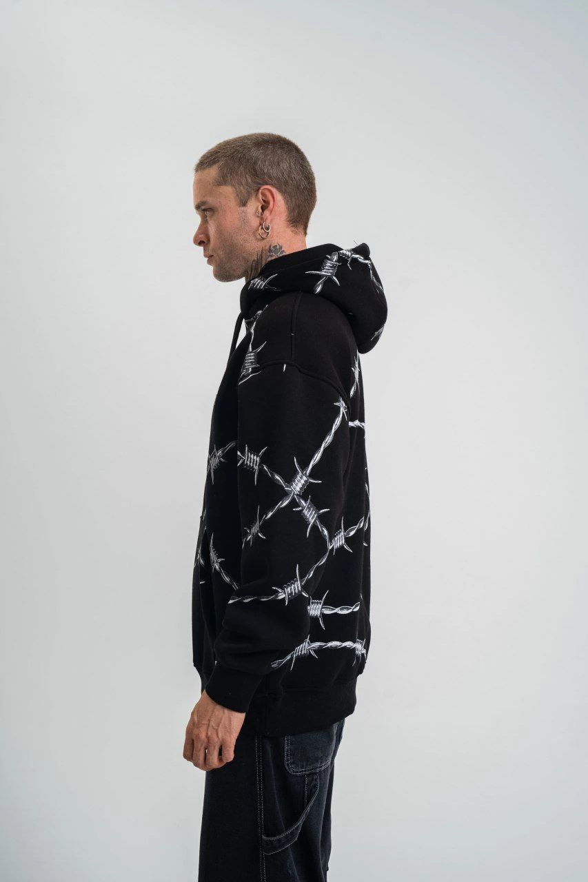 Unisex Kapşonlu Varak ve Pano Baskılı SweatShirt- Siyah