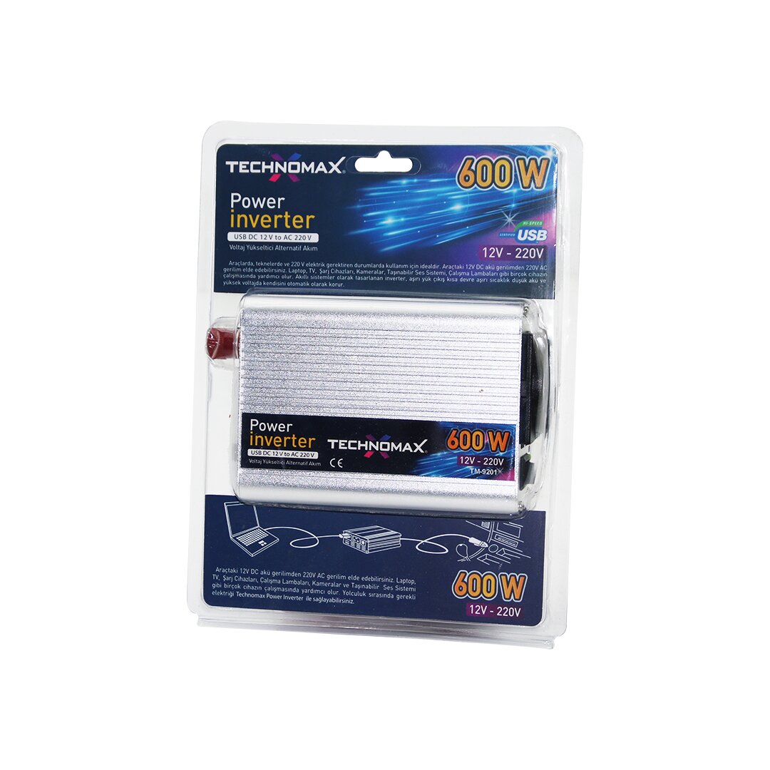 محول طاقة POWER INVERTER 600 واط 12 فولت-220 فولت يحول التيار المستمر DC إلى تيار متردد AC TM-9201 (5347)