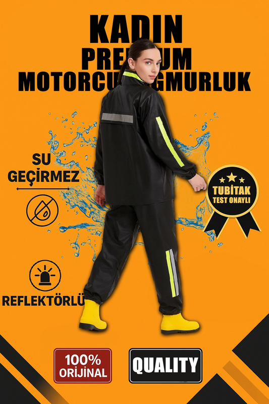 Premium Kadın Motorcu Kurye Yağmurluk Takım Su Geçirmez PVC Kumaş Reflektörlü TÜBİTAK Onaylı - Siyah