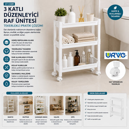 RAFTY 3 KATLI TEKERLEKLİ SEPET ORGANİZER DÜZENLEYİCİ RAF ÜNİTESİ 465X145X480MM (5347)