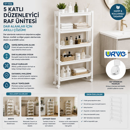 RAFTY 5 KATLI TEKERLEKLİ SEPET ORGANİZER DÜZENLEYİCİ RAF ÜNİTESİ 465X145X850MM (5347)