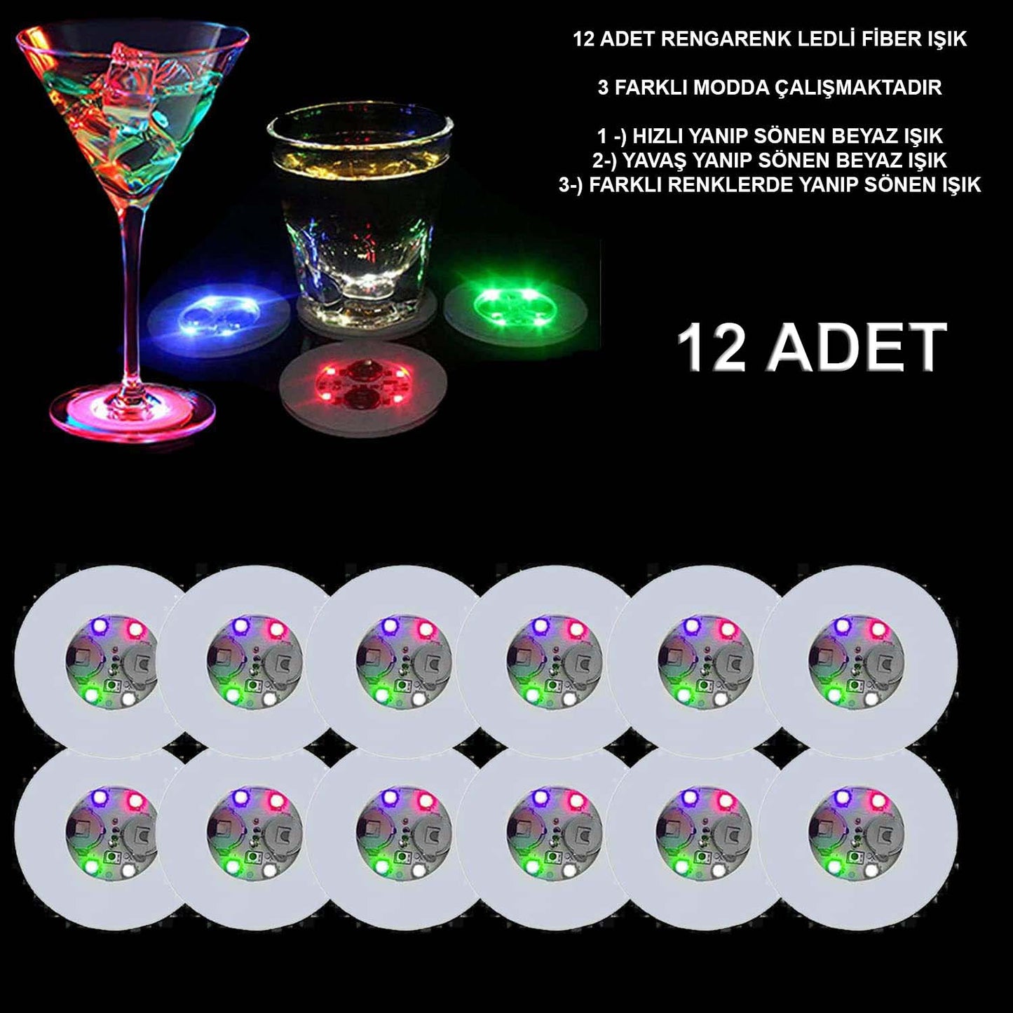 Colorful LED Lighted Coaster - 12 Pieces, Battery Operated