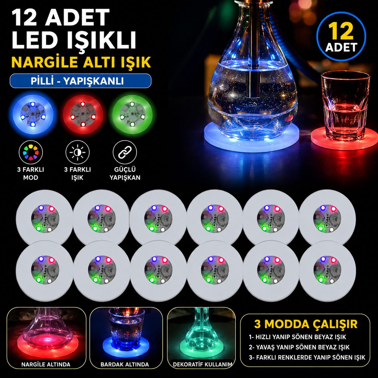 RGB LED Nargile Altı Işık 12 li Set (5347)