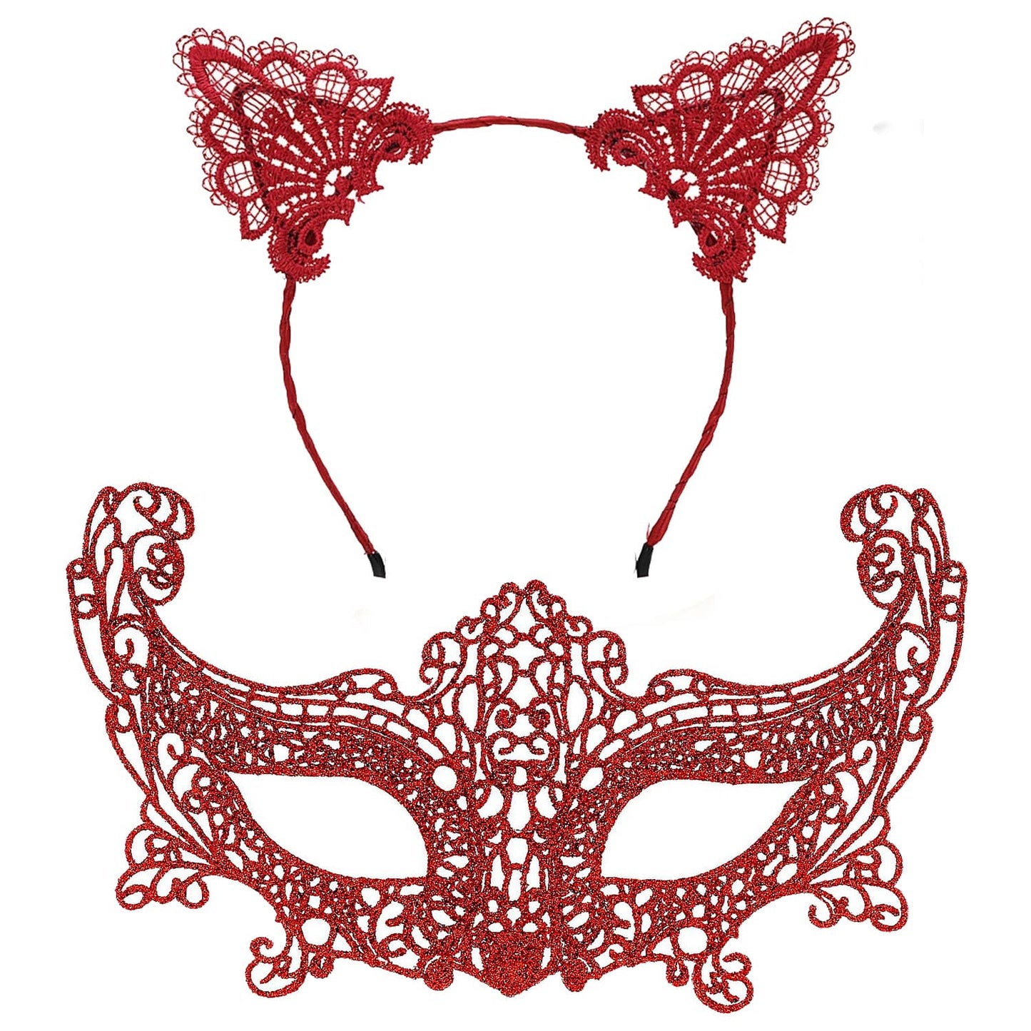 Romantic Red Lace Mask Set - Cat Ear Headband and Mask No. 3 (5347)