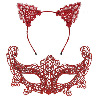 Romantic Red Lace Mask Set - Cat Ear Headband and Mask No. 3 (5347)
