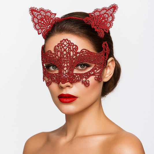 Romantic Red Lace Mask Set - Cat Ear Headband and Mask No 3