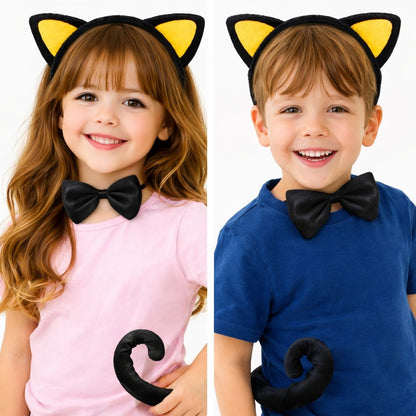 Sarı Kulaklı Kedi Kostüm Seti - Taç Papyon Kuyruk 3 Parça (5347)