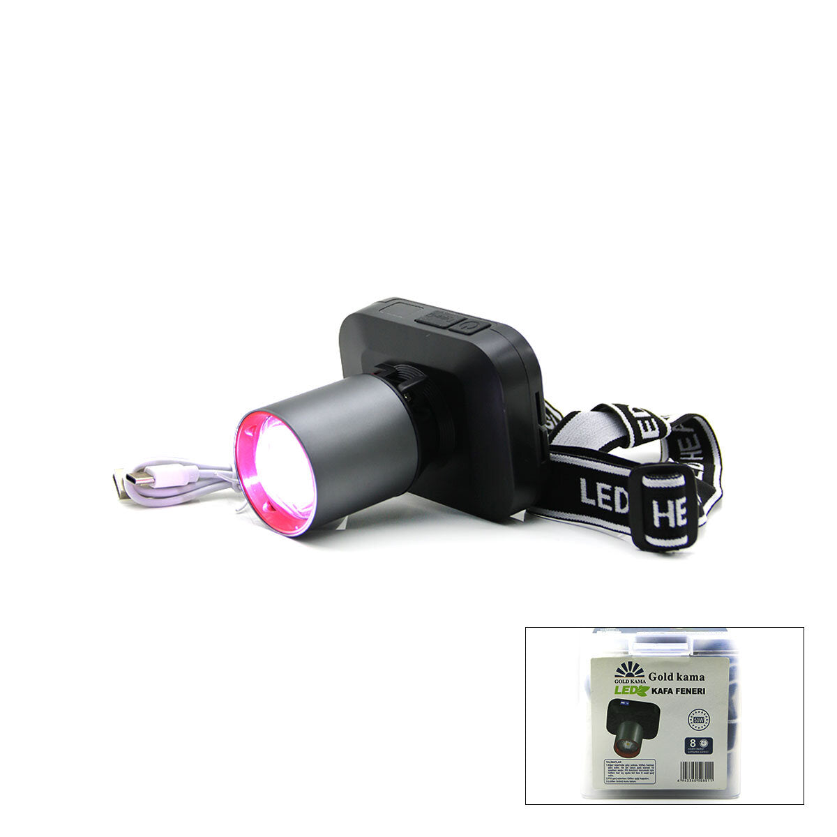ŞARJLI 50W KAFA LAMBASI FENER 1 LED USB - TYPE-C DİJİTAL KADEME IŞIK AYARI - FLAŞÖR (5347)