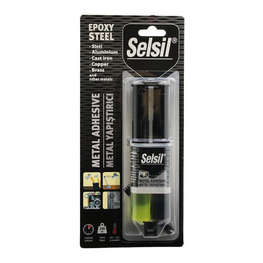 SELSIL EPOXY STEEL METAL SYRINGE EPOXY ADHESIVE 28GR. METAL - STEEL - ALUMINUM - WOOD - PLASTIC (5347)