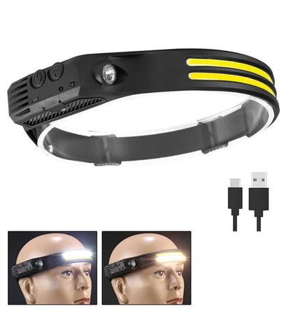 مصباح أمامي LED COB بمستشعر، مصباح أمامي قابل لإعادة الشحن، بطارية مدمجة 18650، مصباح رأس للتخييم وصيد الأسماك في الهواء الطلق (5347)