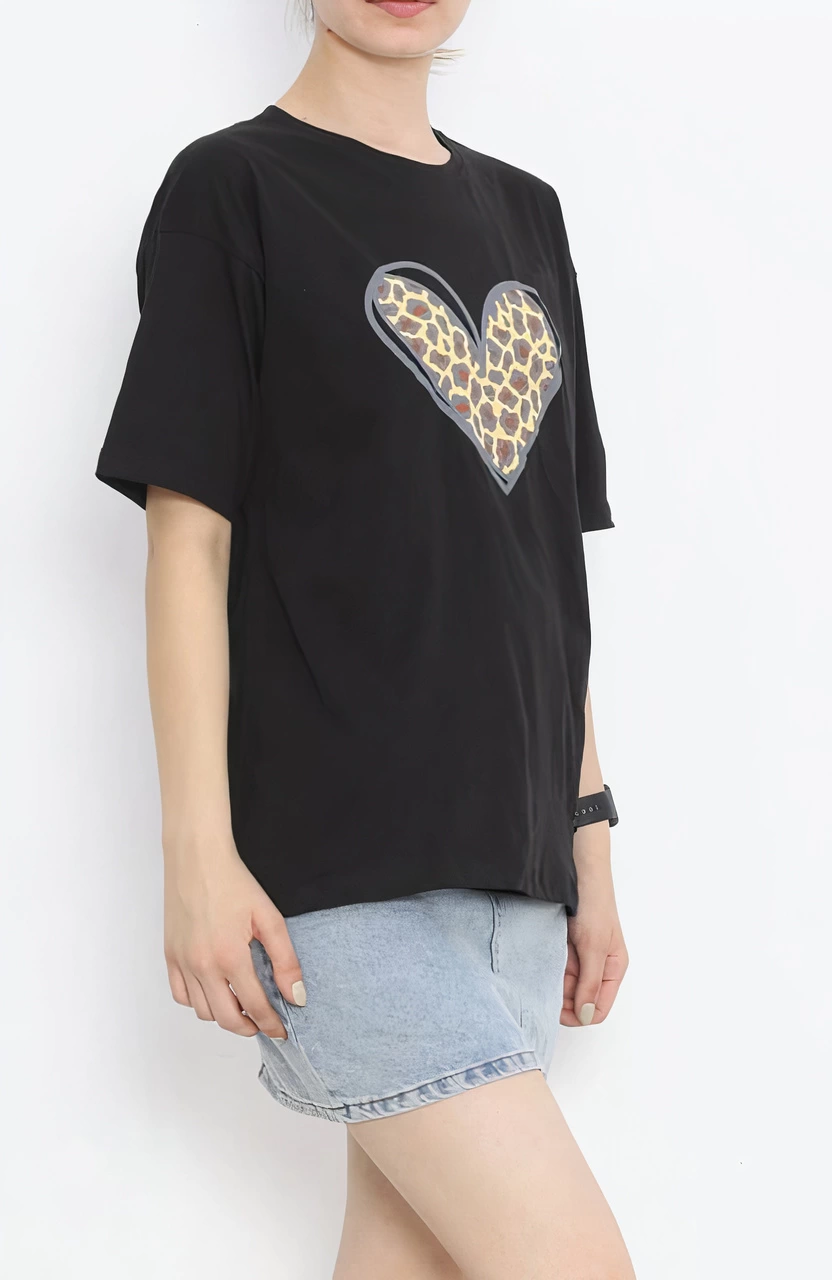 Valentine's Day Special Design Leopard Heart Print T-shirt - Black
