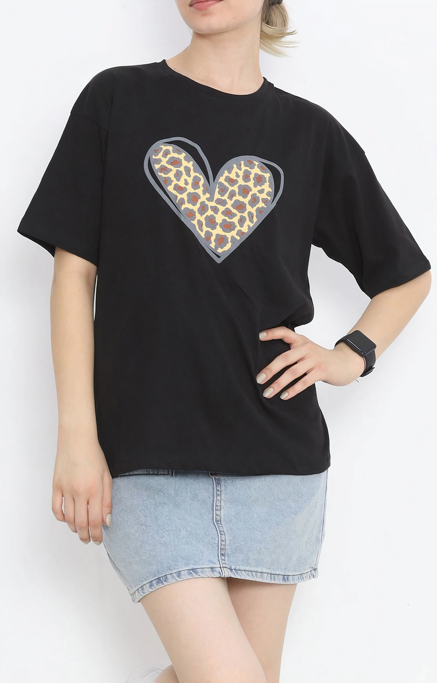 Valentine's Day Special Design Leopard Heart Print T-shirt - Black