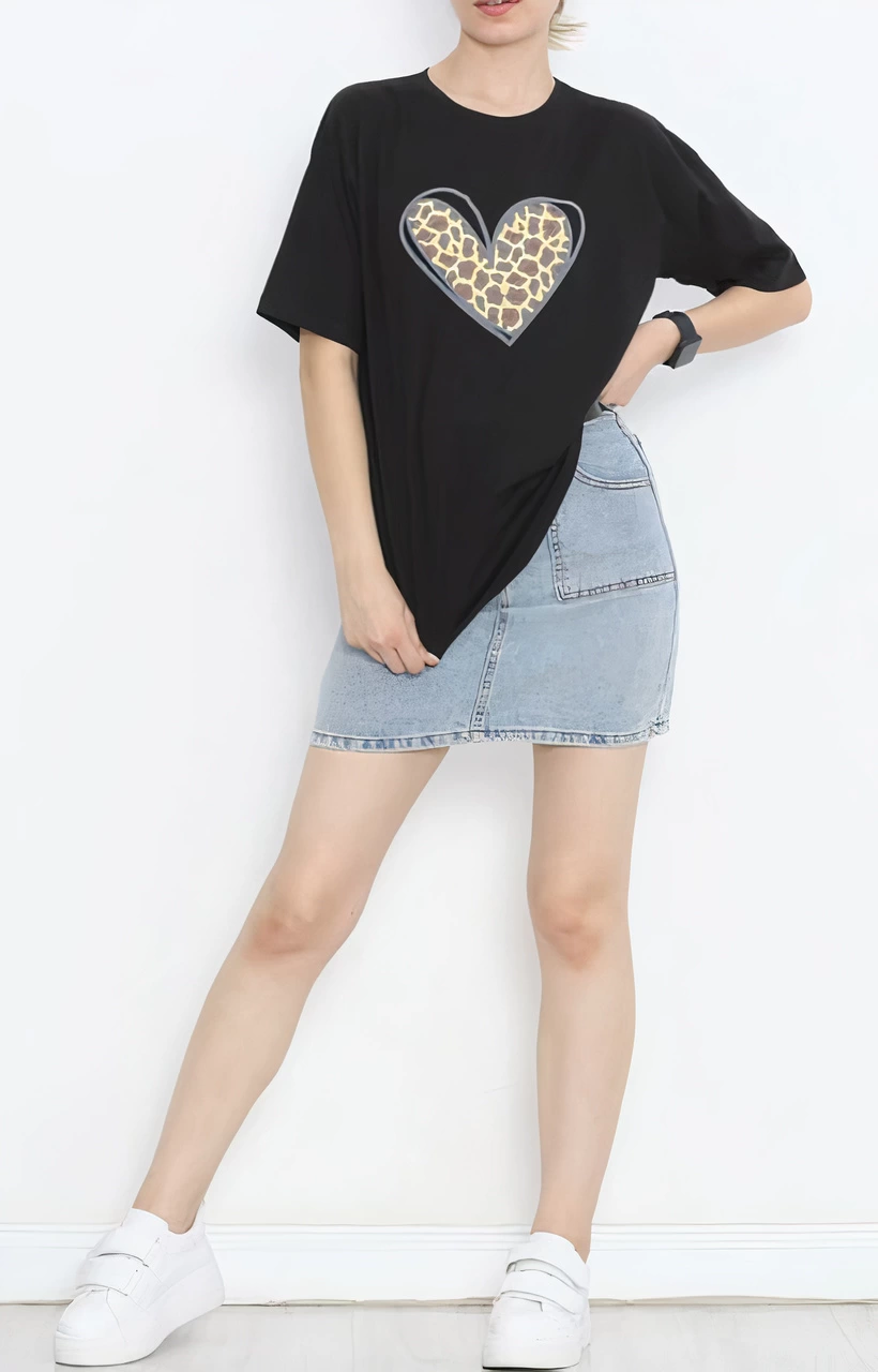 Valentine's Day Special Design Leopard Heart Print T-shirt - Black