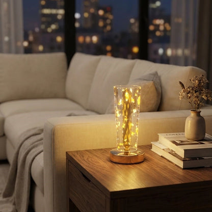 Silindirik Kristal Altın Toz Model LED Masa Lambası - Gold Tabanlı, Dokunmatik, 3 Renk Işık Modlu, Şarjlı Modern Dekoratif Gece Lambası (5347)