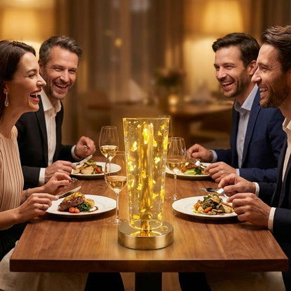 Silindirik Kristal Altın Toz Model LED Masa Lambası - Gold Tabanlı, Dokunmatik, 3 Renk Işık Modlu, Şarjlı Modern Dekoratif Gece Lambası (5347)