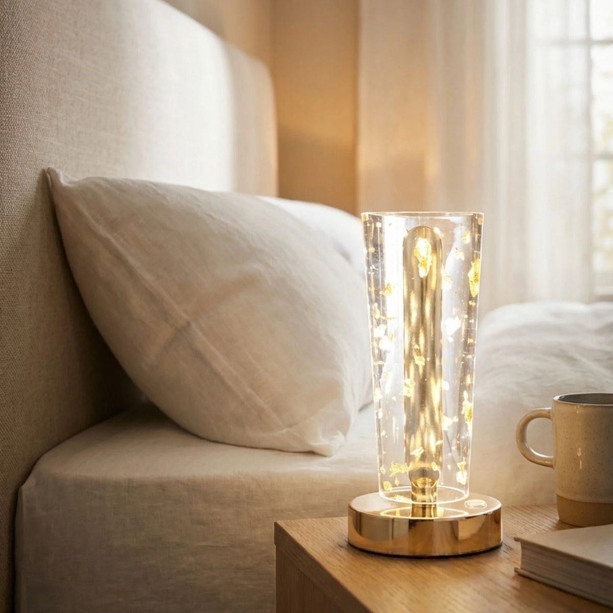 Silindirik Kristal Altın Toz Model LED Masa Lambası - Gold Tabanlı, Dokunmatik, 3 Renk Işık Modlu, Şarjlı Modern Dekoratif Gece Lambası (5347)