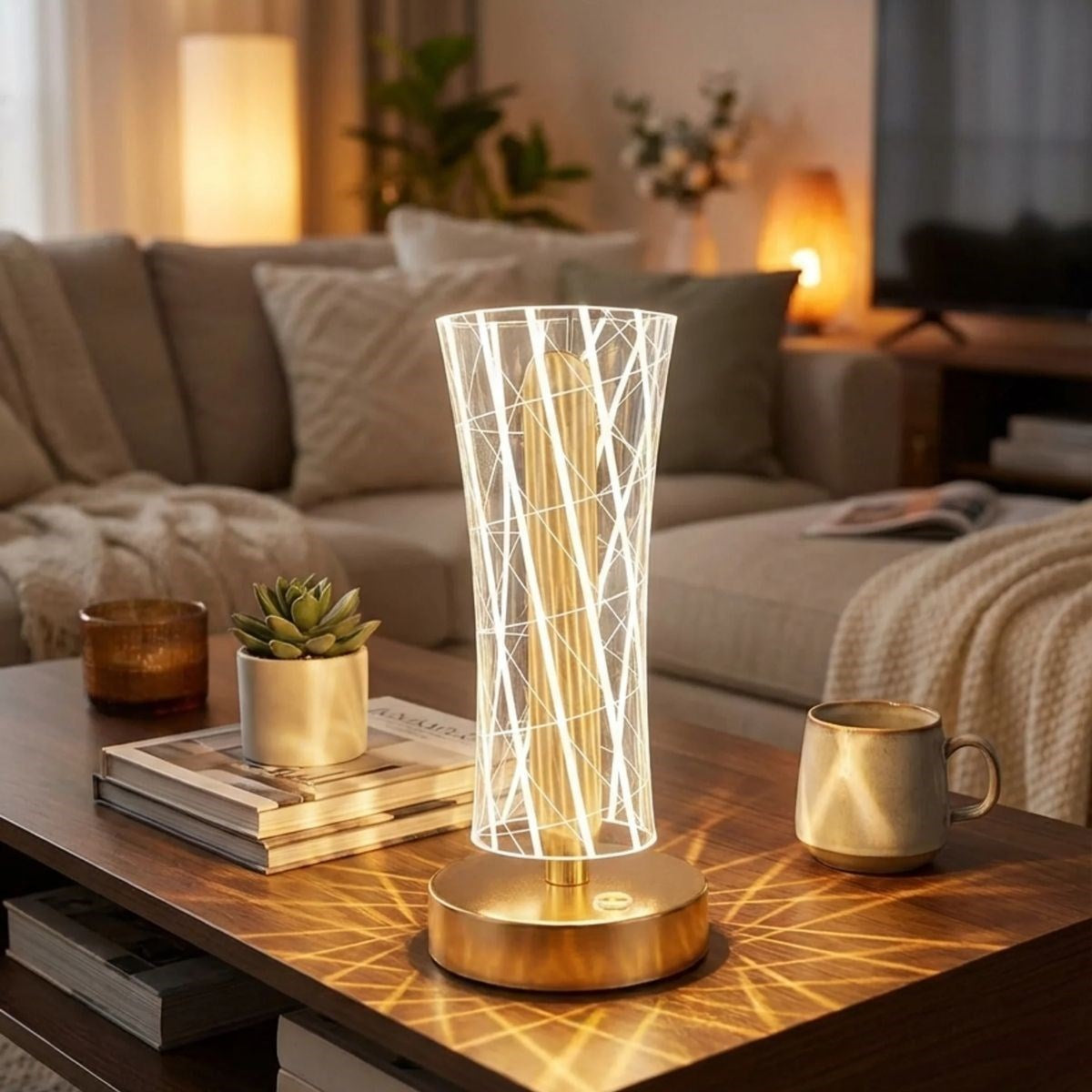 Silindirik Kristal Çizgi Model LED Masa Lambası - Gold Tabanlı, Dokunmatik, 3 Renk Işık Modlu, Şarjlı Modern Dekoratif Gece Lambası (5347)