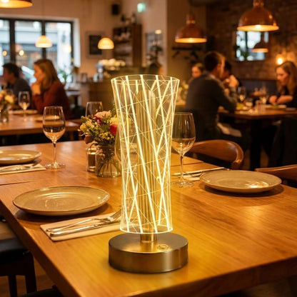 Silindirik Kristal Çizgi Model LED Masa Lambası - Gold Tabanlı, Dokunmatik, 3 Renk Işık Modlu, Şarjlı Modern Dekoratif Gece Lambası (5347)