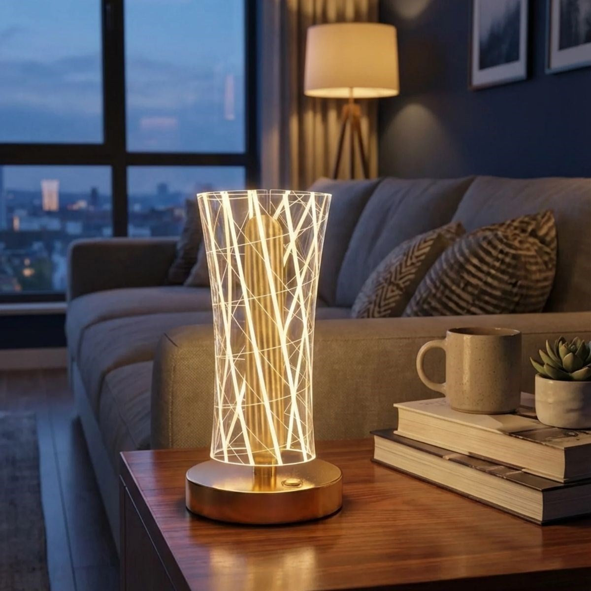 Silindirik Kristal Çizgi Model LED Masa Lambası - Gold Tabanlı, Dokunmatik, 3 Renk Işık Modlu, Şarjlı Modern Dekoratif Gece Lambası (5347)