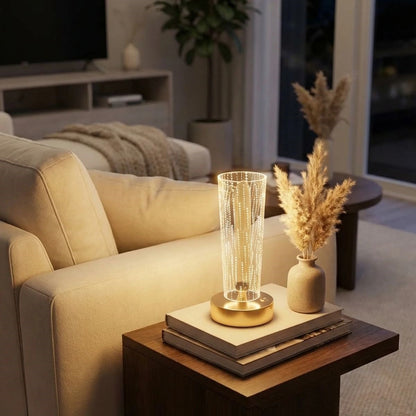 Silindirik Kristal Nokta Model LED Masa Lambası - Gold Tabanlı, Dokunmatik, 3 Renk Işık Modlu, Şarjlı Modern Dekoratif Gece Lambası (5347)