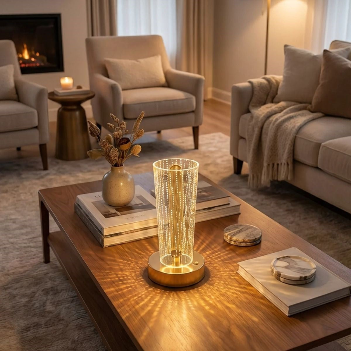Silindirik Kristal Nokta Model LED Masa Lambası - Gold Tabanlı, Dokunmatik, 3 Renk Işık Modlu, Şarjlı Modern Dekoratif Gece Lambası (5347)
