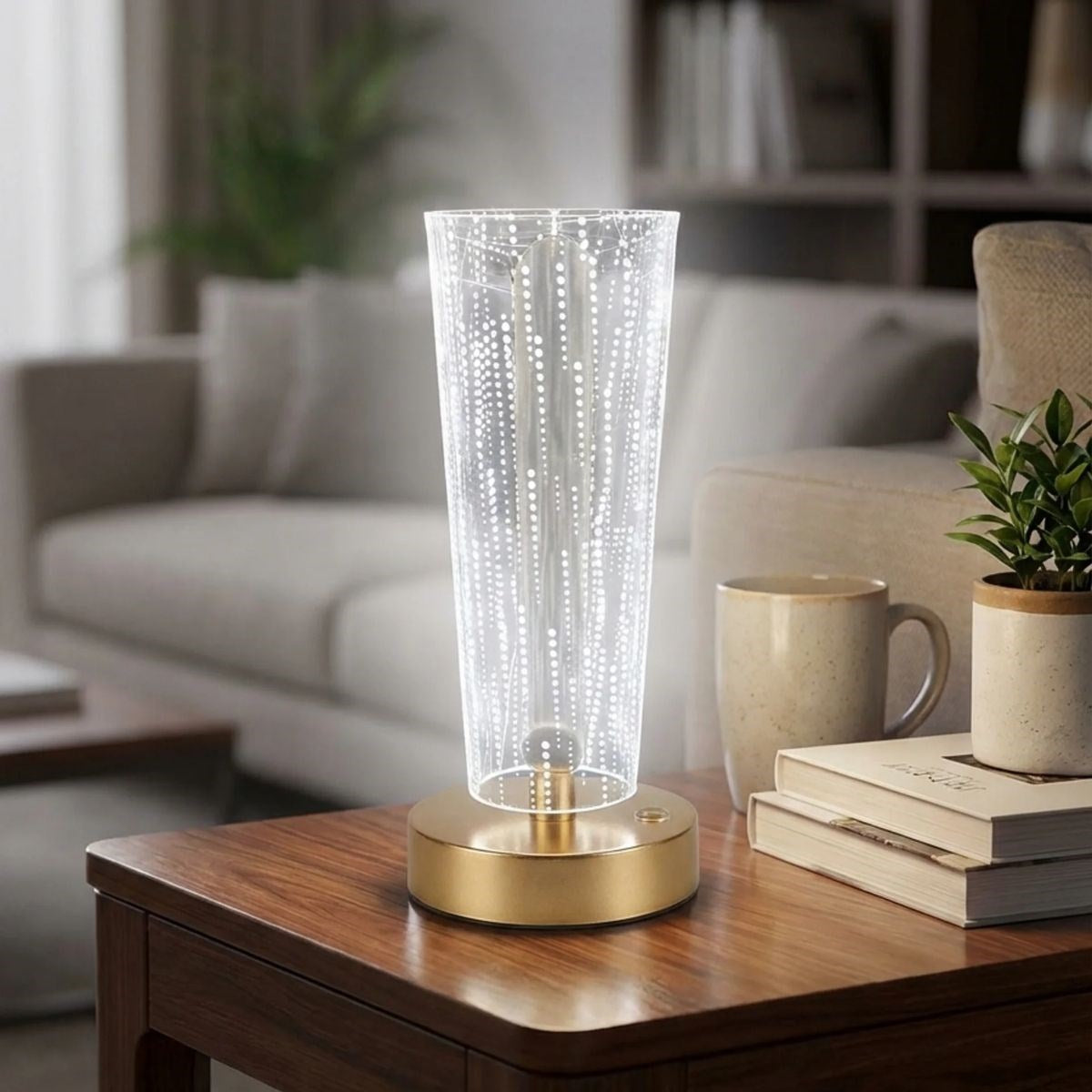 Silindirik Kristal Nokta Model LED Masa Lambası - Gold Tabanlı, Dokunmatik, 3 Renk Işık Modlu, Şarjlı Modern Dekoratif Gece Lambası (5347)