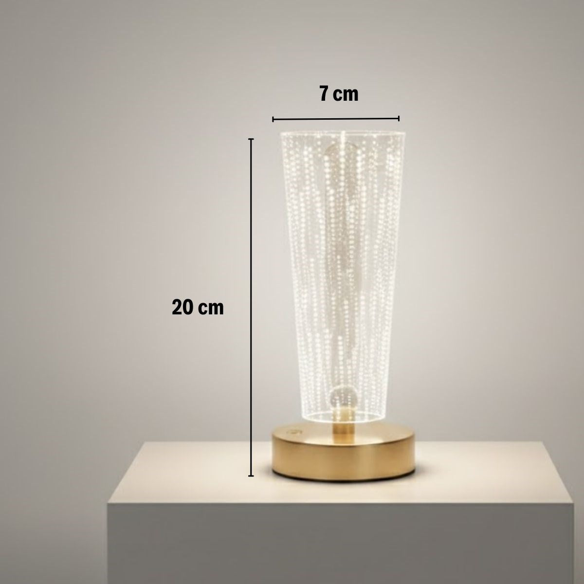 Silindirik Kristal Nokta Model LED Masa Lambası - Gold Tabanlı, Dokunmatik, 3 Renk Işık Modlu, Şarjlı Modern Dekoratif Gece Lambası (5347)