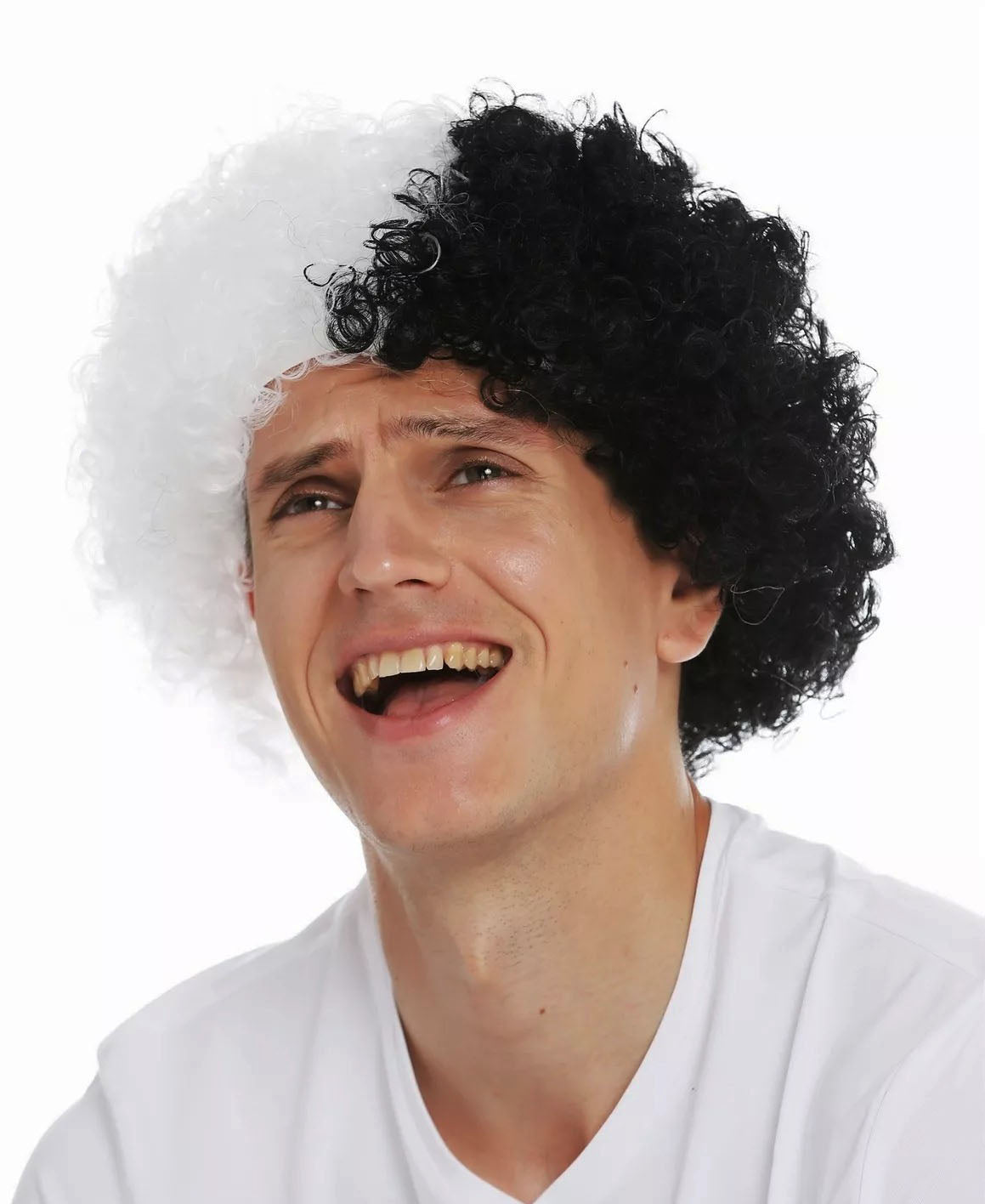 باروكة مشجعي أفروديت مجعدة باللونين الأبيض والأسود
