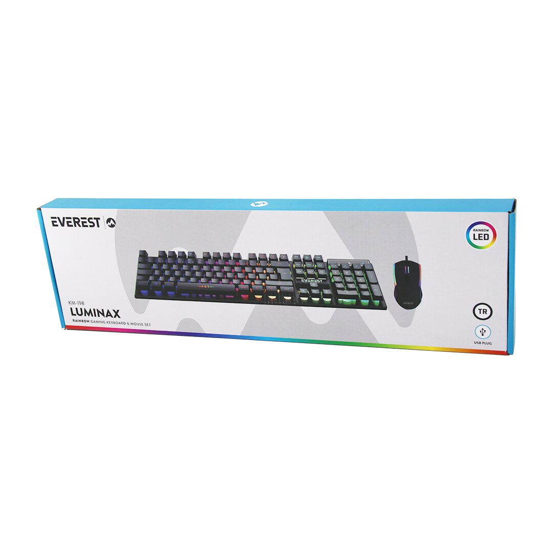 SİYAH GÖKKUŞAĞI IŞIKLI USB KABLOLU OYUNCU KLAVYE - MOUSE SET (5347)