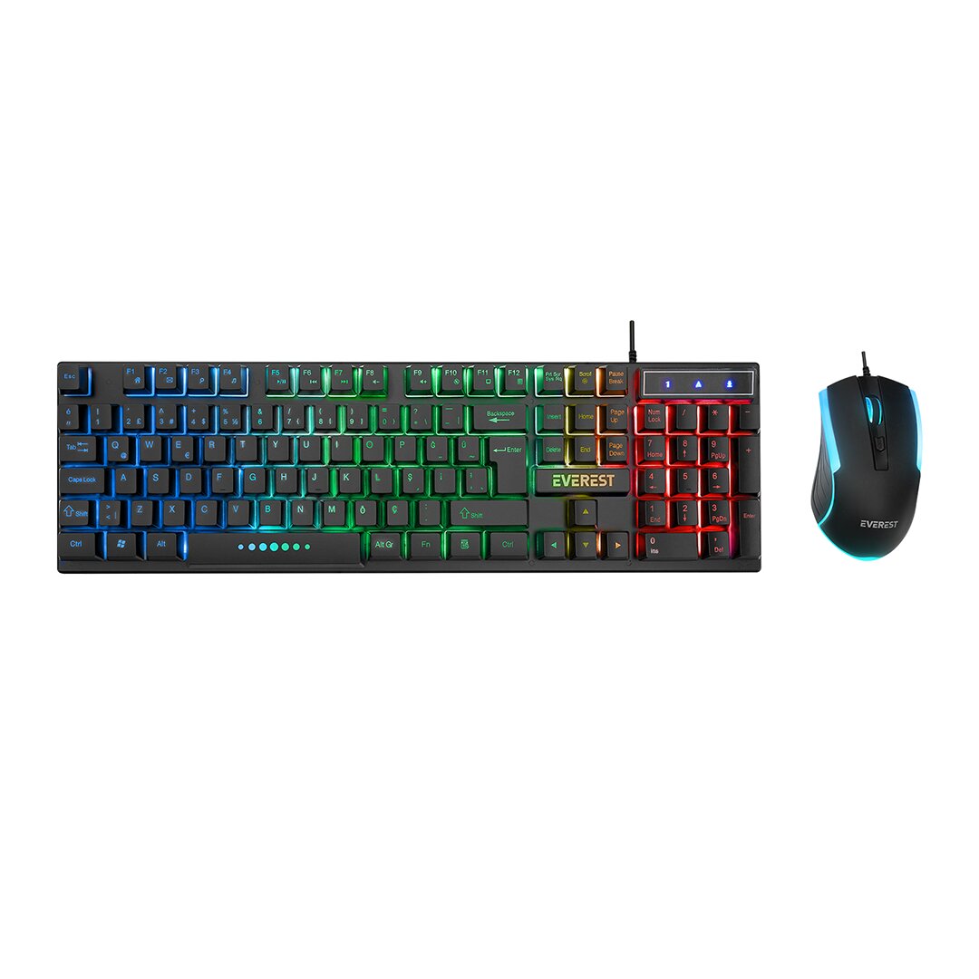 SİYAH GÖKKUŞAĞI IŞIKLI USB KABLOLU OYUNCU KLAVYE - MOUSE SET (5347)