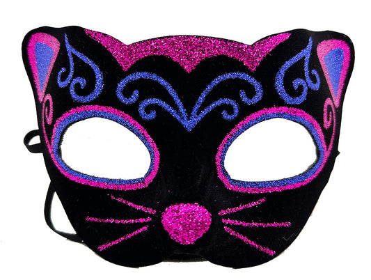 Pink and Blue Glitter Embroidered Cat Mask on Black Velvet Covering 20x13 cm (5347)