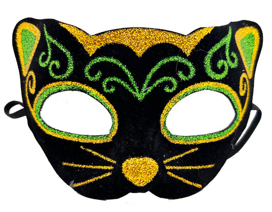 Yellow Green Glitter Embroidered Cat Mask on Black Velvet Coating 20x13 cm (5347)