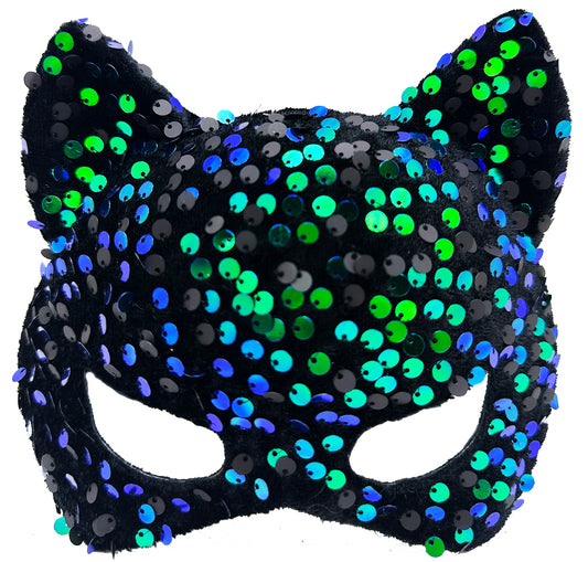 Blue Green Sequin Party Mask on Black Velvet Fabric 16x14 cm (5347)