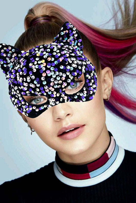 Purple and White Sequin Party Mask on Black Velvet Fabric 16x14 cm (5347)